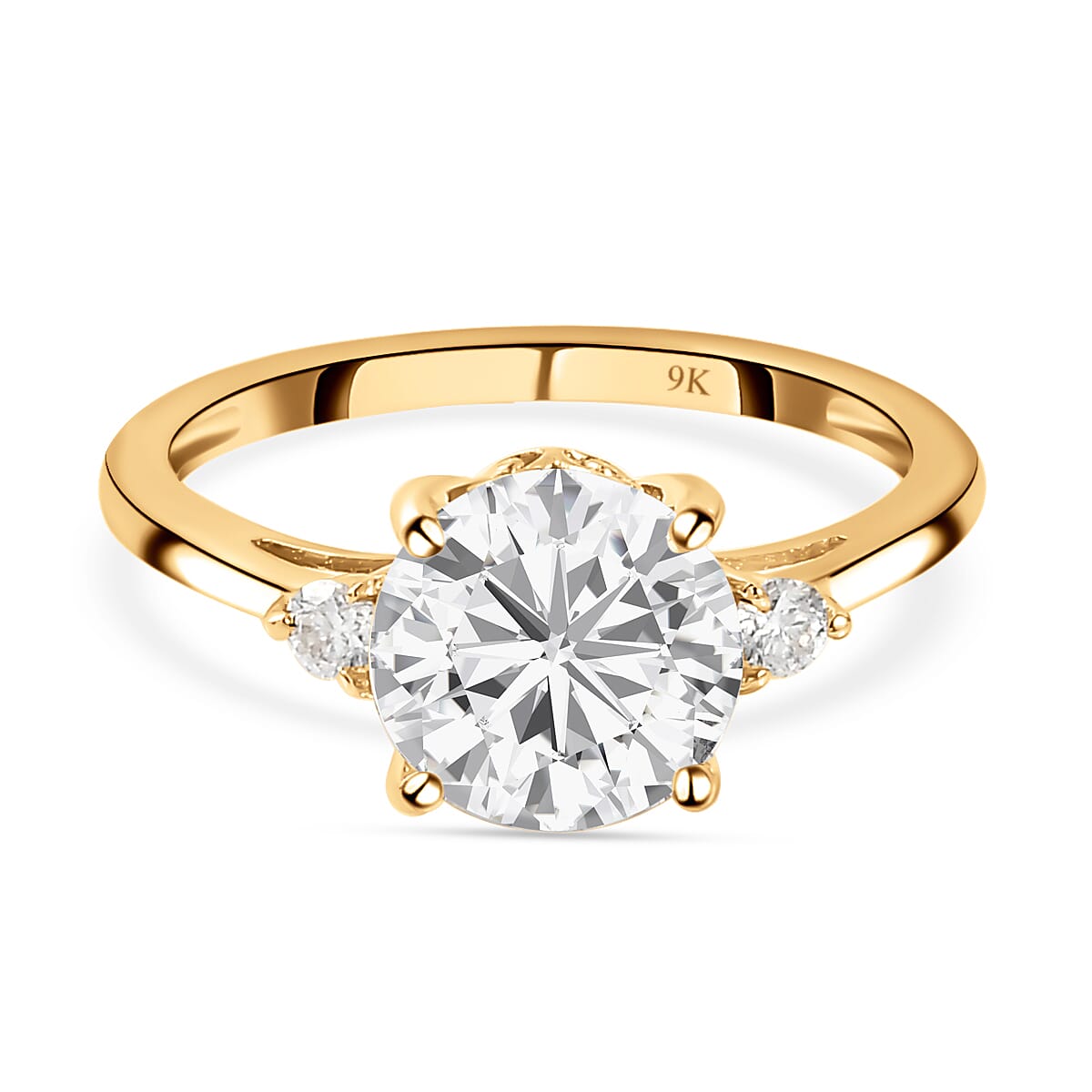 9K Yellow Gold Moissanite Trilogy Ring 1.77 Ct.