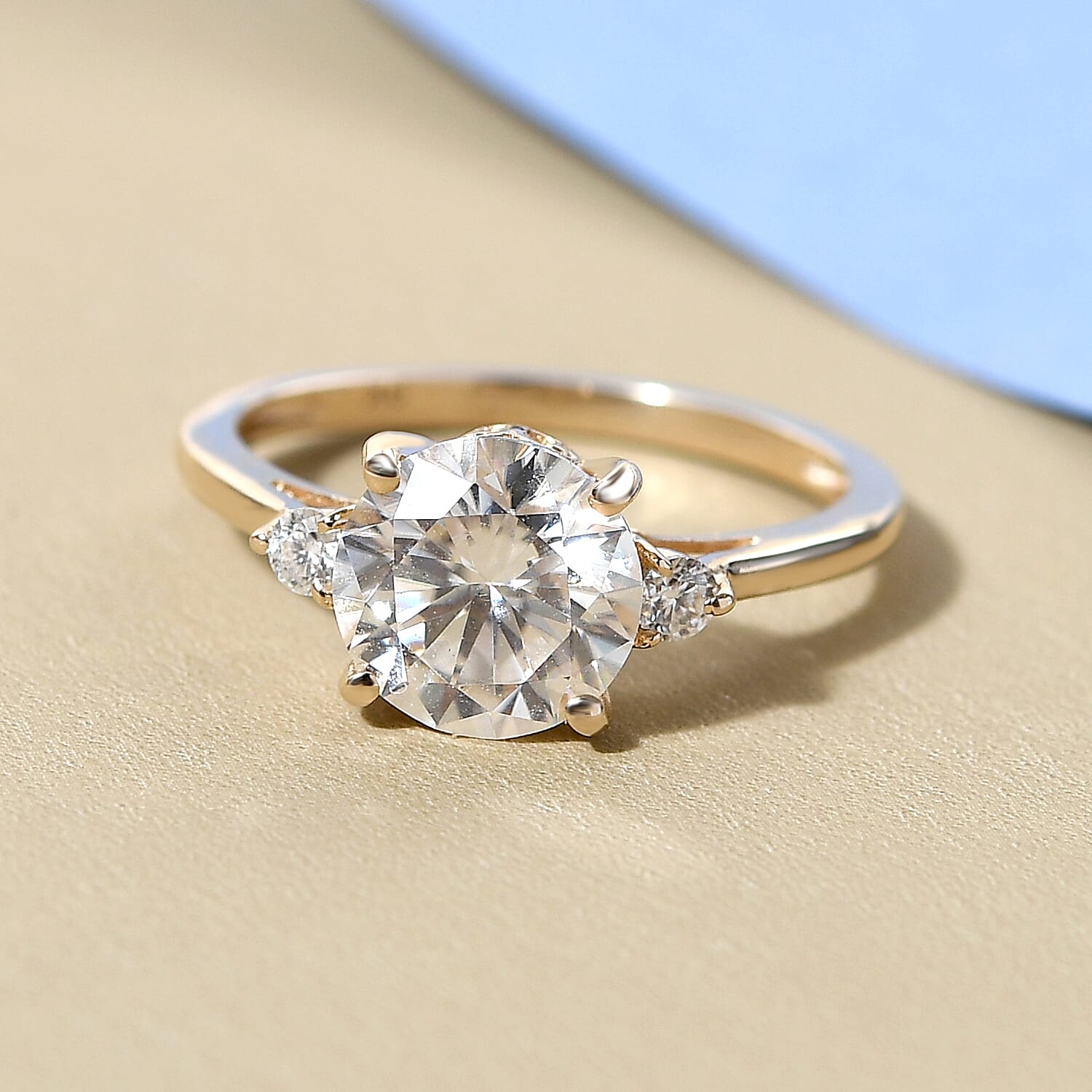 9K Yellow Gold Moissanite Trilogy Ring 1.77 Ct.