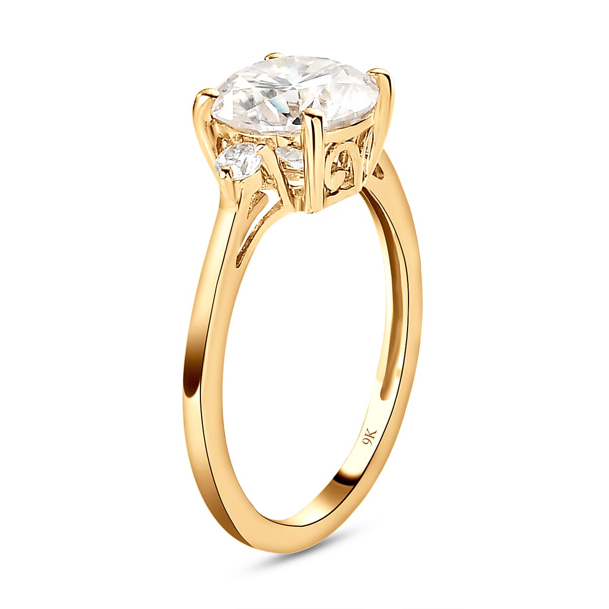 9K Yellow Gold Moissanite Trilogy Ring 1.77 Ct.