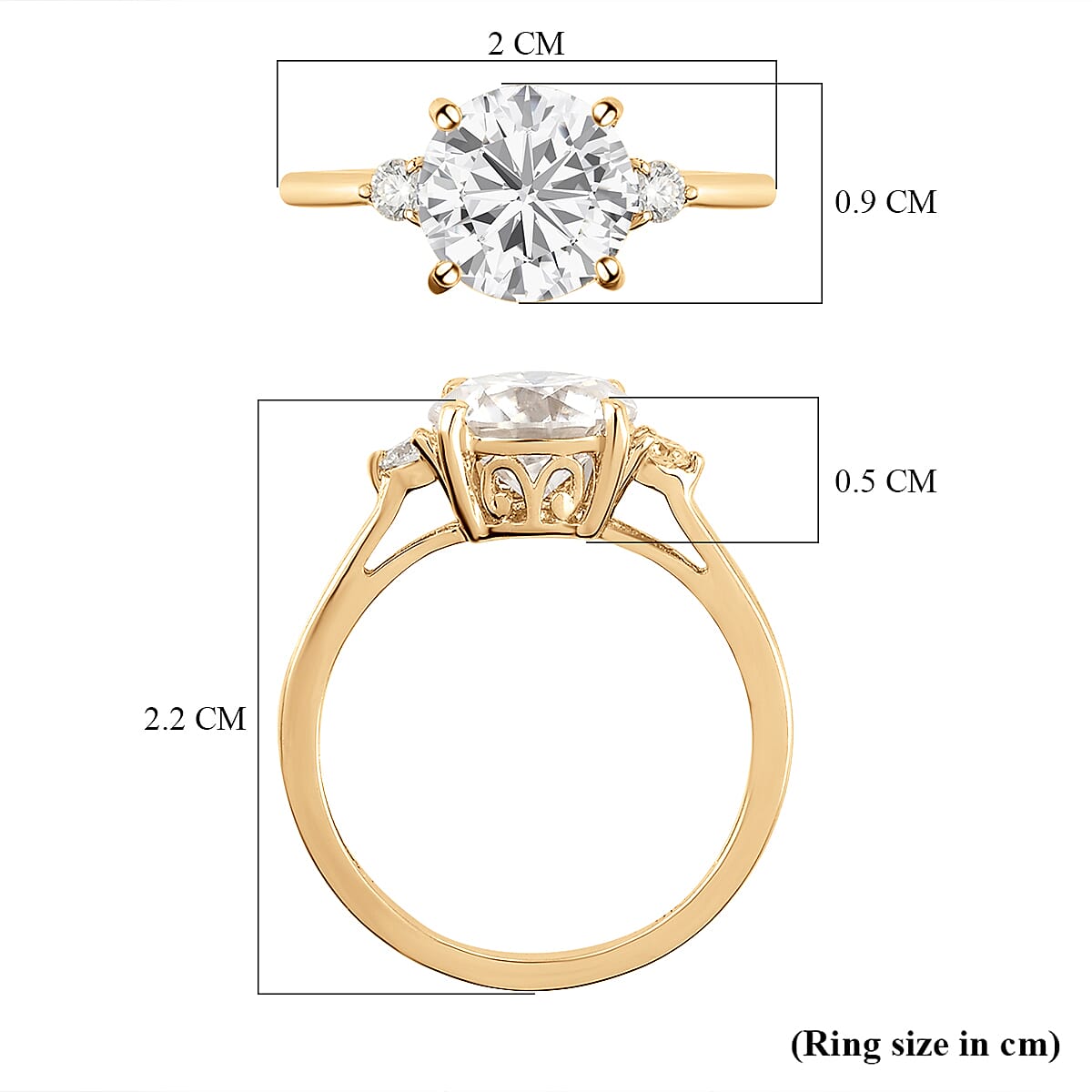 9K Yellow Gold Moissanite Trilogy Ring 1.77 Ct.