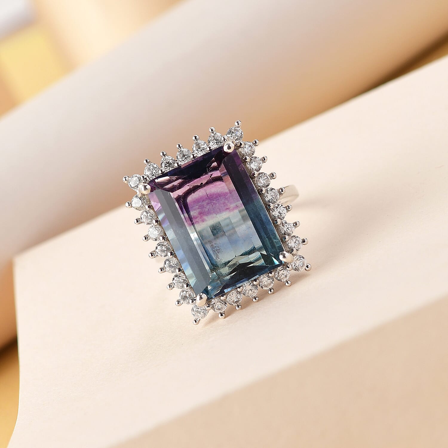 Bi Colour Fluorite and Natural Zircon Halo Ring in Platinum Overlay Sterling Silver 16.51 Ct.