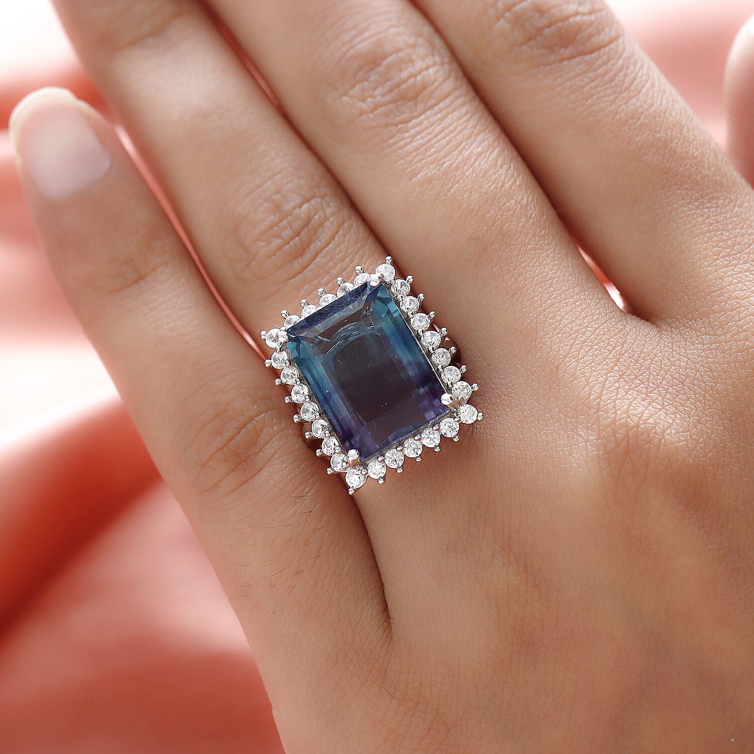 Bi Colour Fluorite and Natural Zircon Halo Ring in Platinum Overlay Sterling Silver 16.51 Ct.