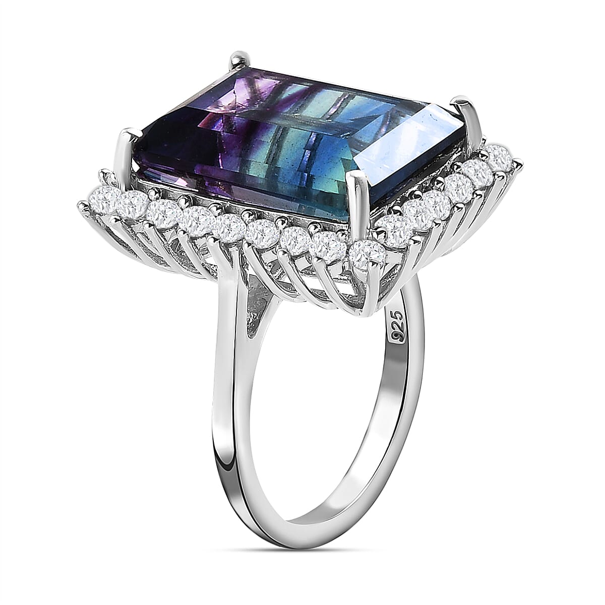 Bi Colour Fluorite and Natural Zircon Halo Ring in Platinum Overlay Sterling Silver 16.51 Ct.