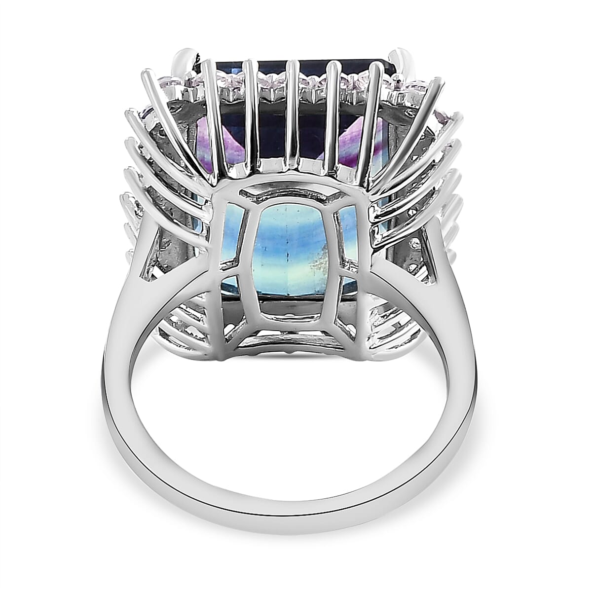 Bi Colour Fluorite and Natural Zircon Halo Ring in Platinum Overlay Sterling Silver 16.51 Ct.