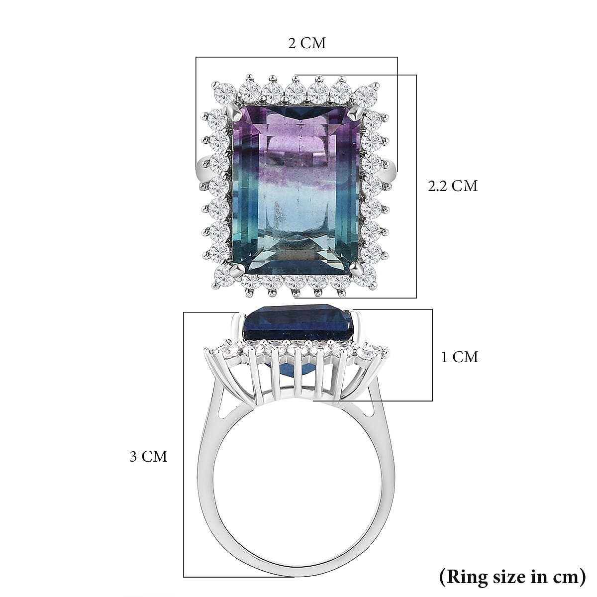 Bi Colour Fluorite and Natural Zircon Halo Ring in Platinum Overlay Sterling Silver 16.51 Ct.