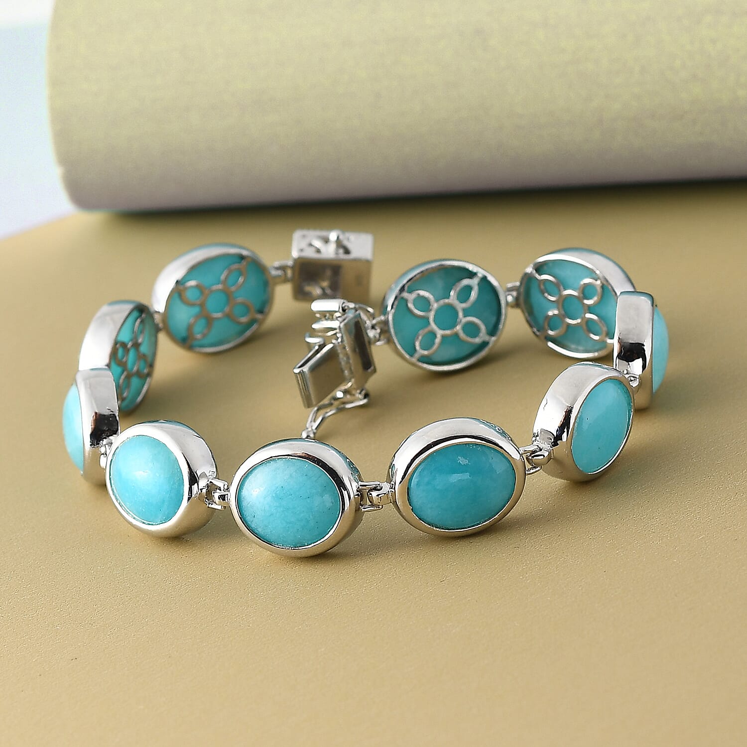 Collectors Edition - AAA Brazilian Amazonite Bracelet (Size - 8.25) in Platinum Overlay Sterling Silver 46.18 Ct, Silver Wt. 16.00 Gms