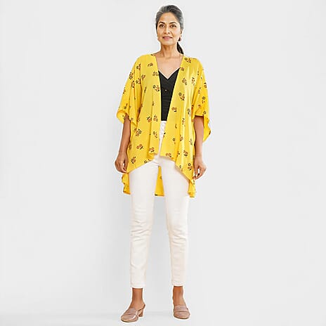 TAMSY Floral Pattern Open Front Kimono (One Size) - Yellow