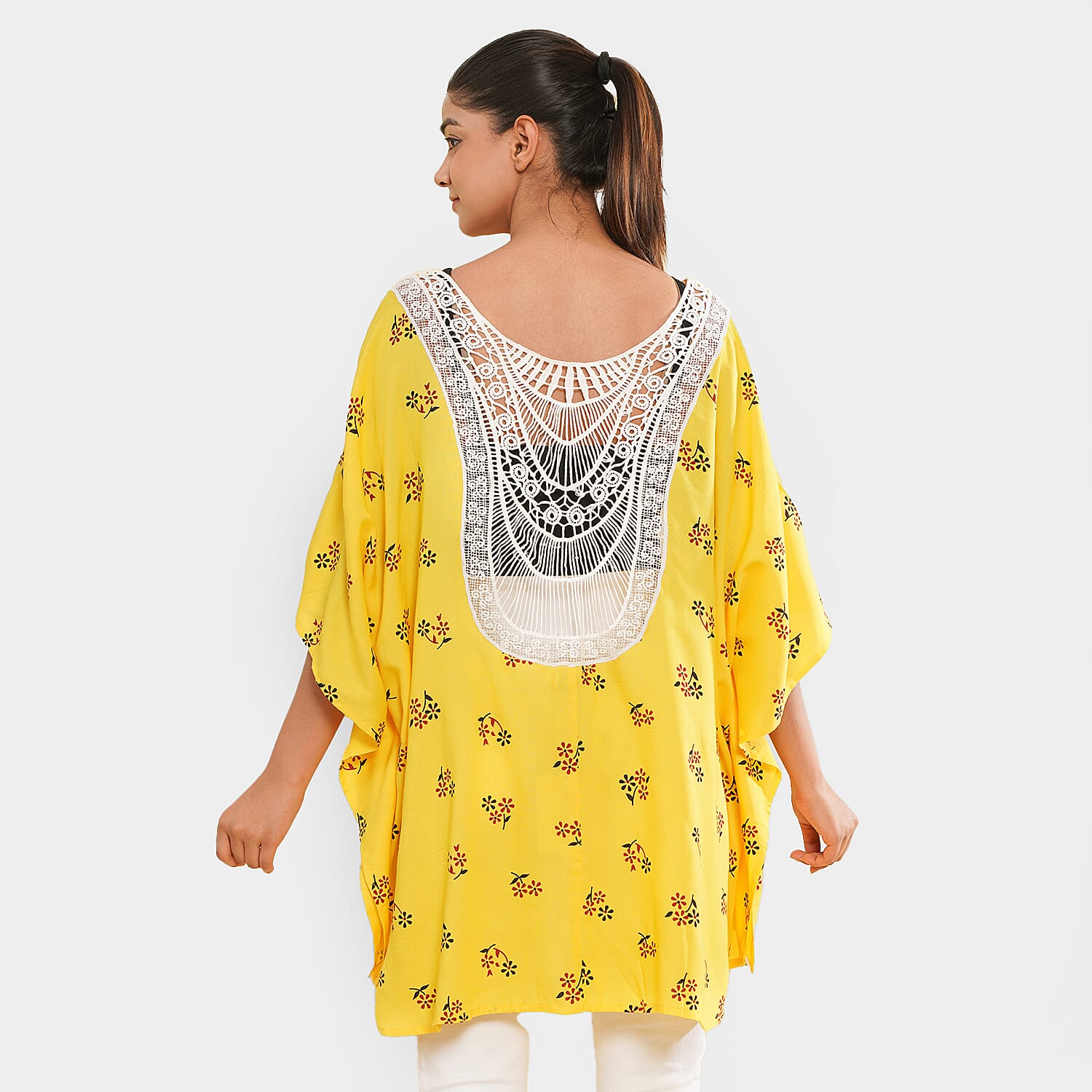 TAMSY Floral Pattern Open Front Kimono (One Size) - Yellow