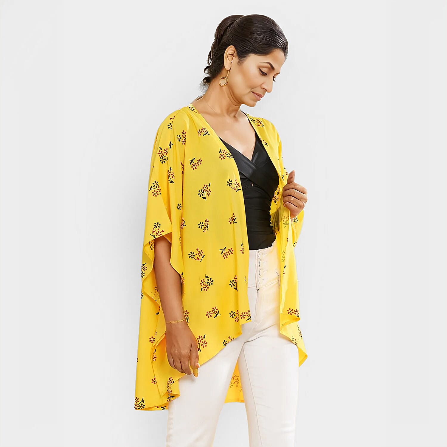 TAMSY Floral Pattern Open Front Kimono (One Size) - Yellow