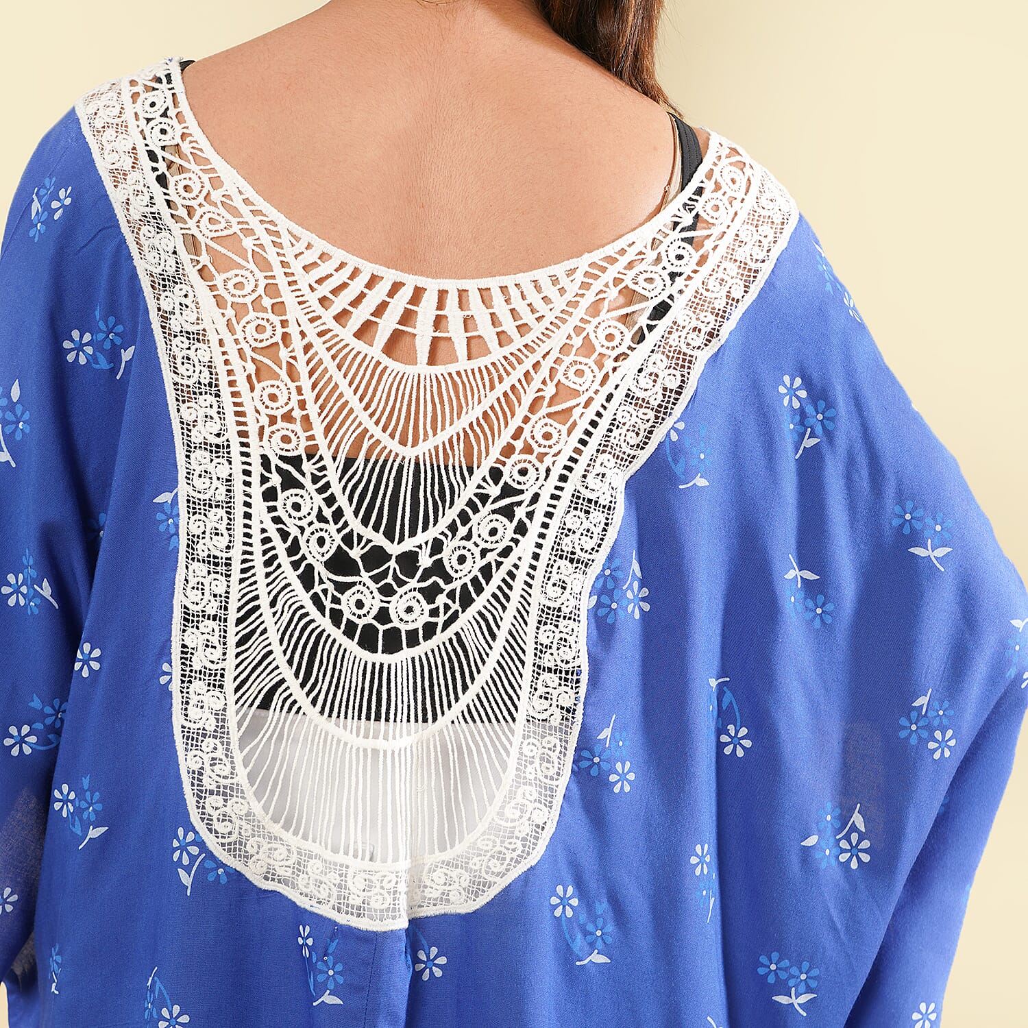 TAMSY 100% Viscose Floral Pattern Open Front Kimono (One Size) - Blue