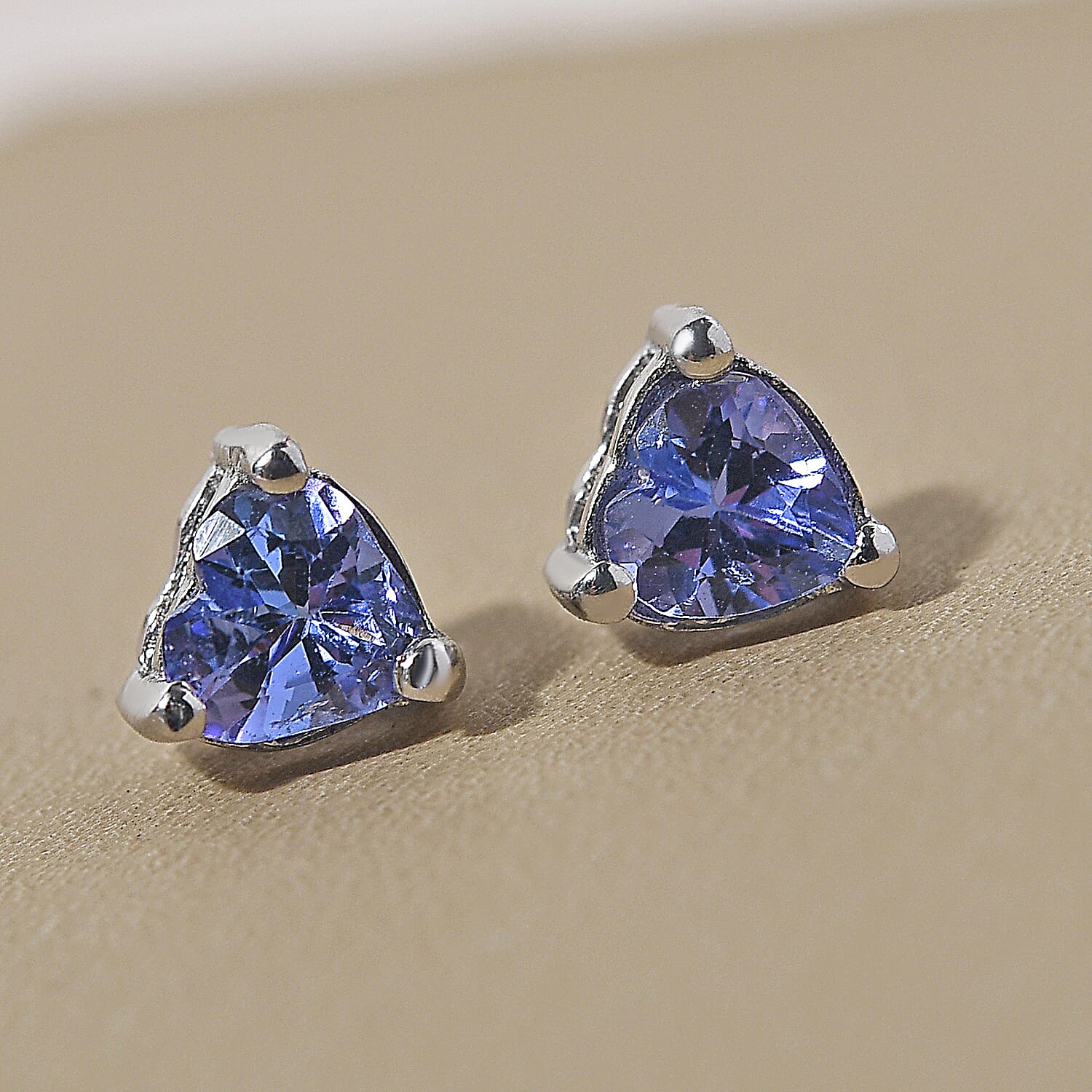 Tanzanite Heart Stud Earrings (With Push Back) in Platinum Overlay Sterling Silver