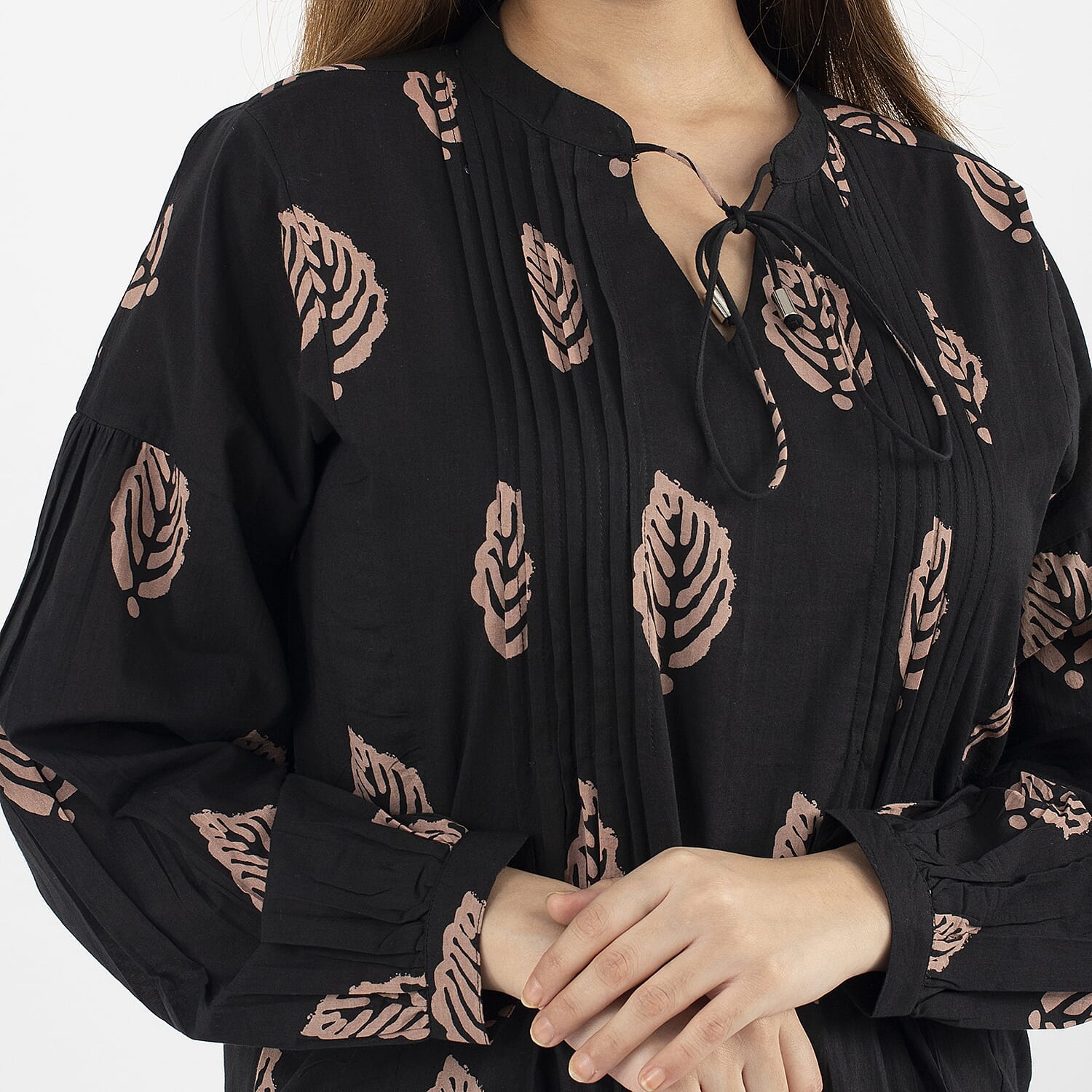 TAMSY 100% Cotton Leaf Printed Top with Full Sleeves (Size L,16-18) - Black