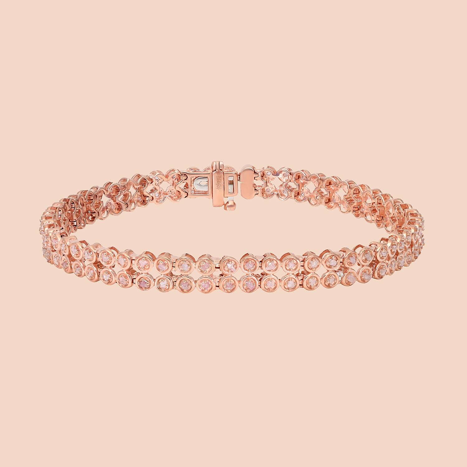 Natural Pink Uncut Diamond Bracelet (Size - 7.5) in Rose Gold Overlay Sterling Silver 1.00 Ct, Silver Wt. 13.81 Gms