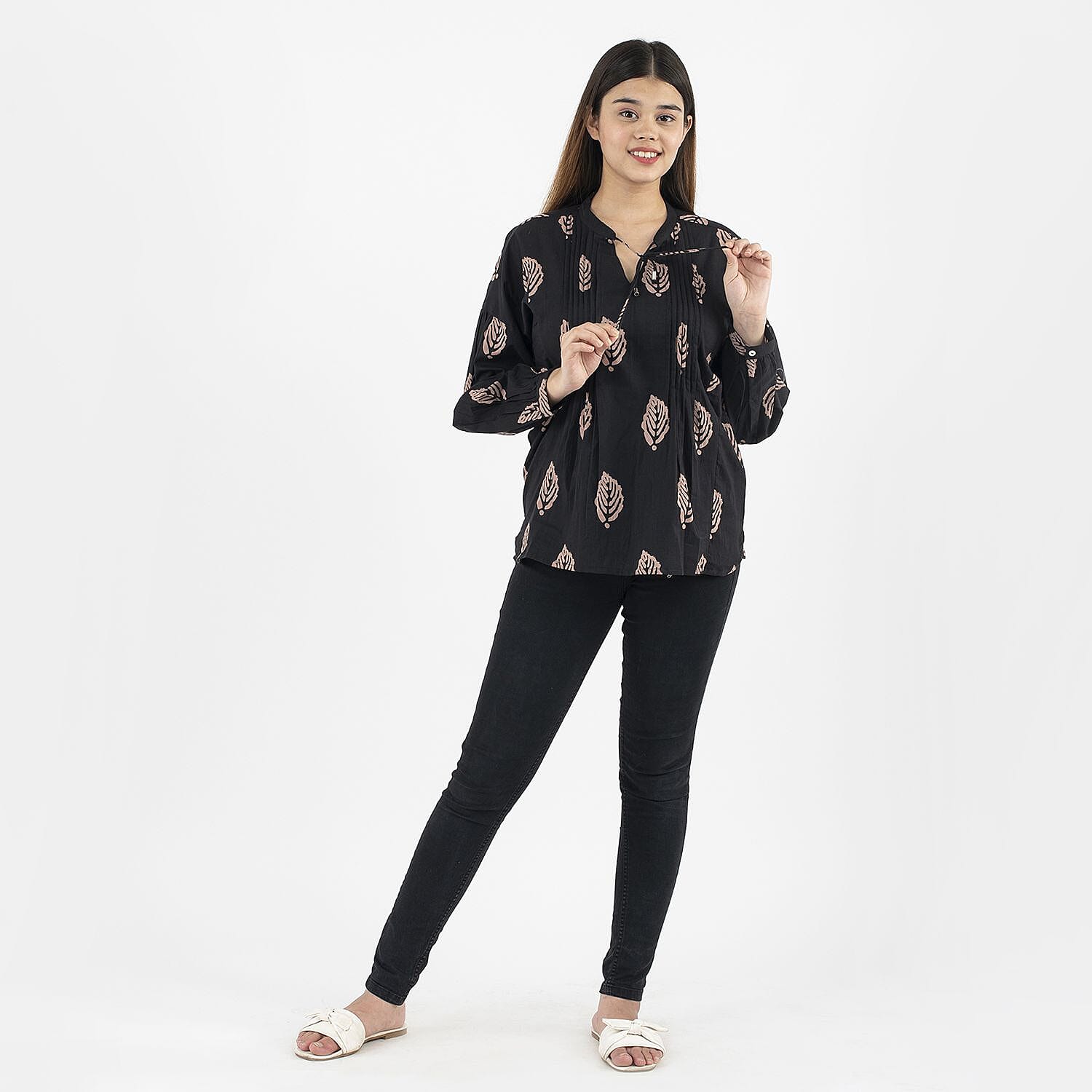 TAMSY 100% Cotton Leaf Printed Top with Full Sleeves (Size L,16-18) - Black