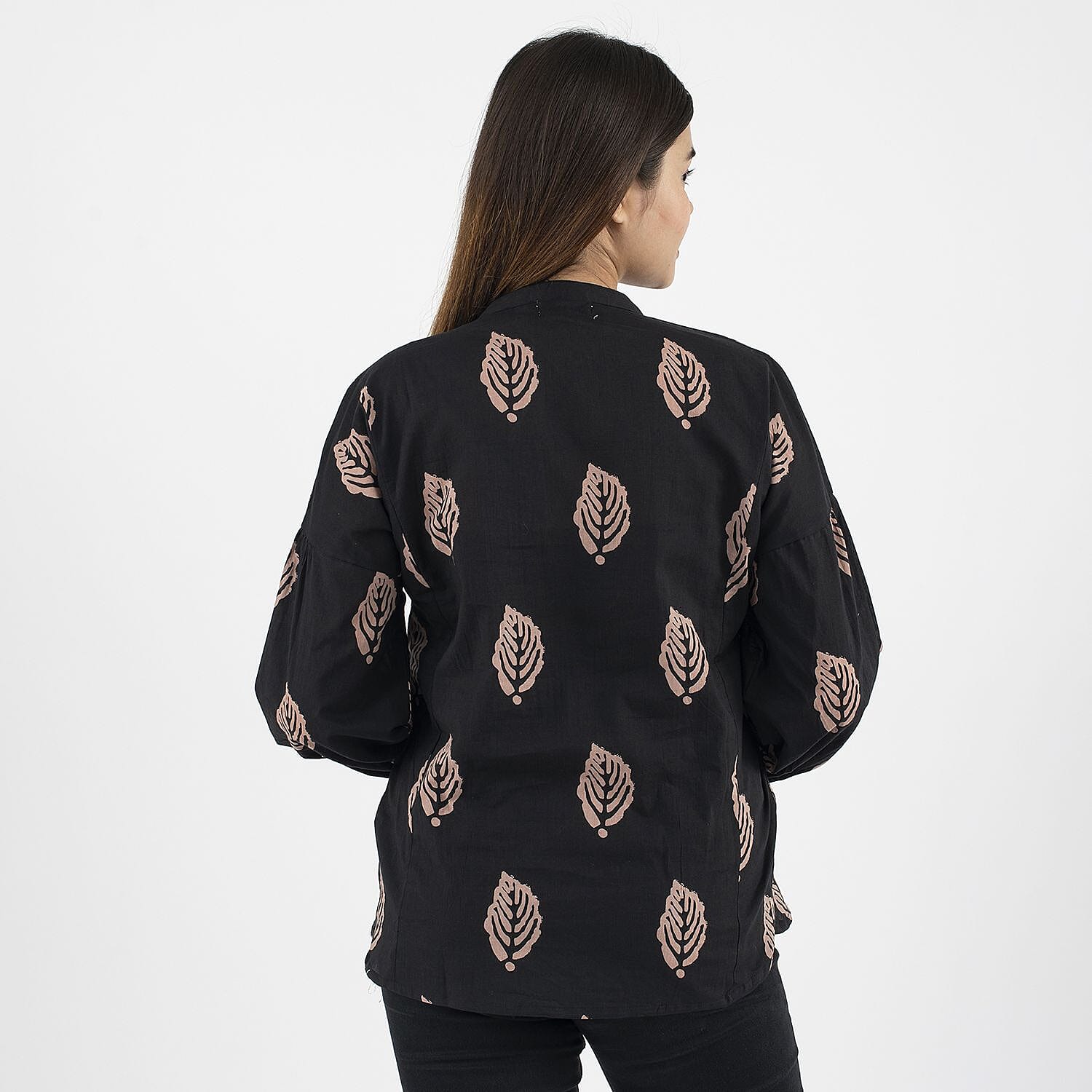 TAMSY 100% Cotton Leaf Printed Top with Full Sleeves (Size L,16-18) - Black