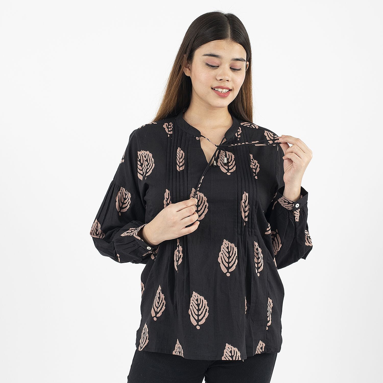 TAMSY 100% Cotton Leaf Printed Top with Full Sleeves (Size L,16-18) - Black