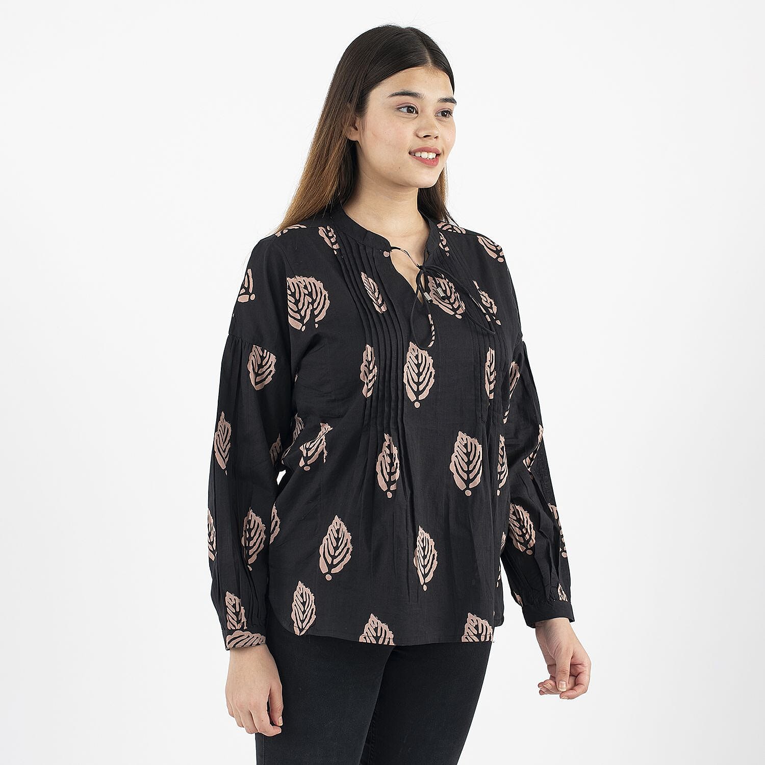 TAMSY 100% Cotton Leaf Printed Top with Full Sleeves (Size L,16-18) - Black