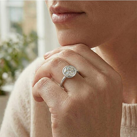 Moissanite Solitaire Ring in Platinum Overlay Sterling Silver.