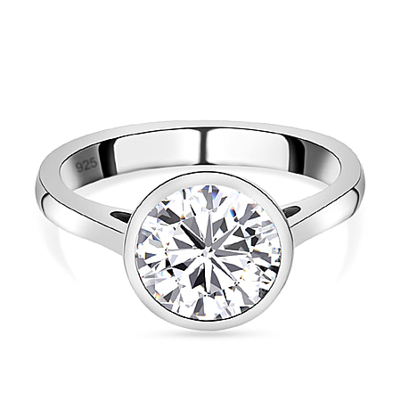 Moissanite Solitaire Ring in Sterling Silver with Platinum Plating
