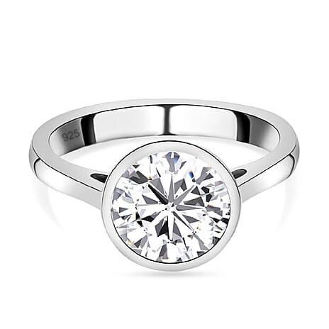 Moissanite Solitaire Ring in Platinum Overlay Sterling Silver.