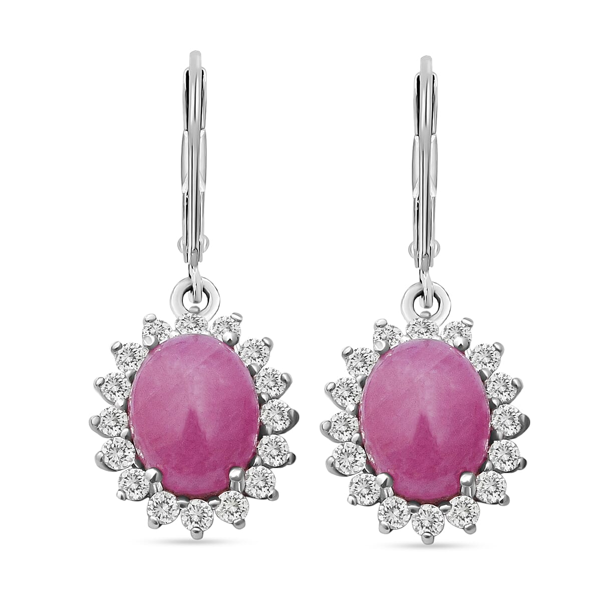 AIG Certified Natural Pink Sapphire and Natural Zircon Halo Earrings in Rhodium Overlay Sterling Silver 9.69 Ct.