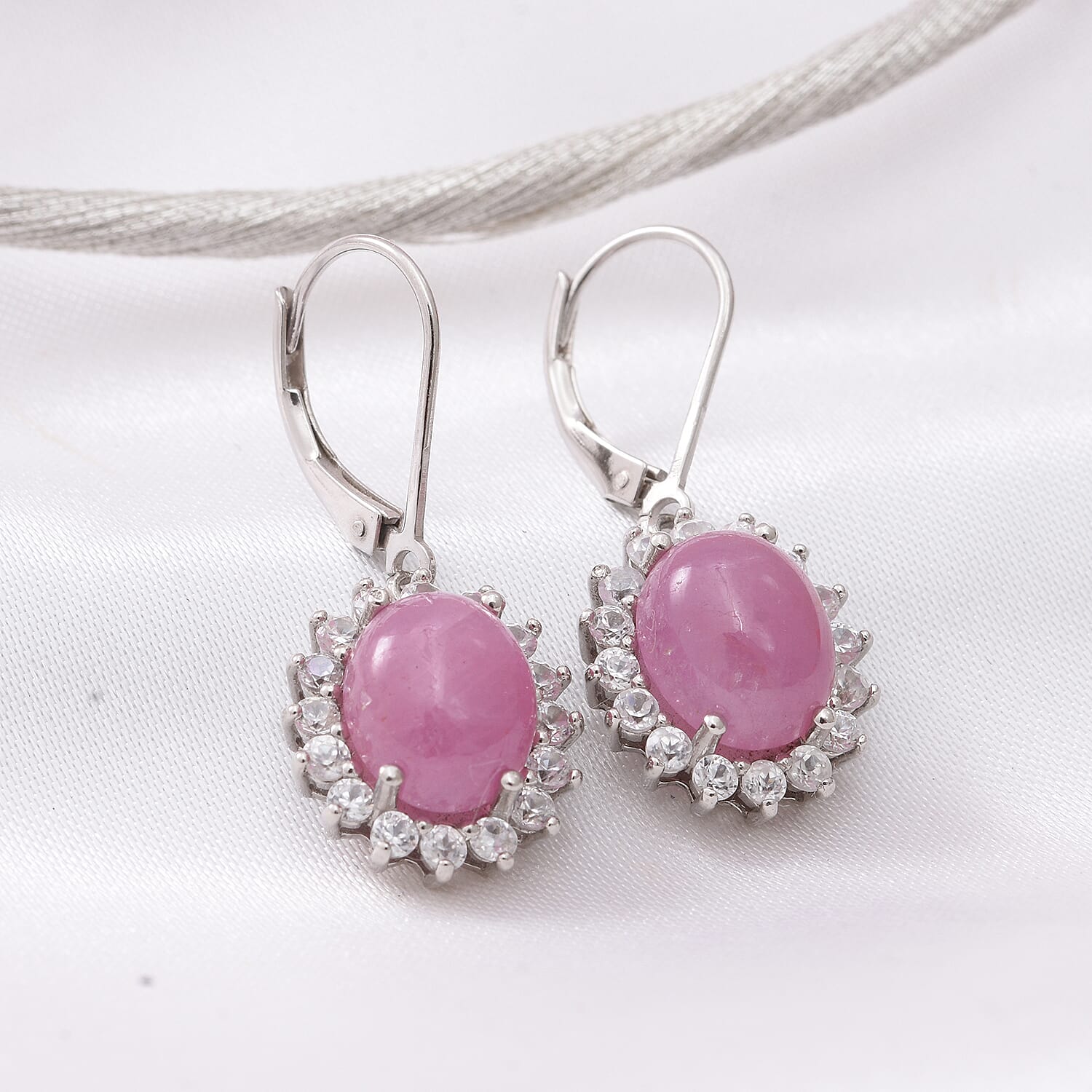 AIG Certified Natural Pink Sapphire and Natural Zircon Halo Earrings in Rhodium Overlay Sterling Silver 9.69 Ct.