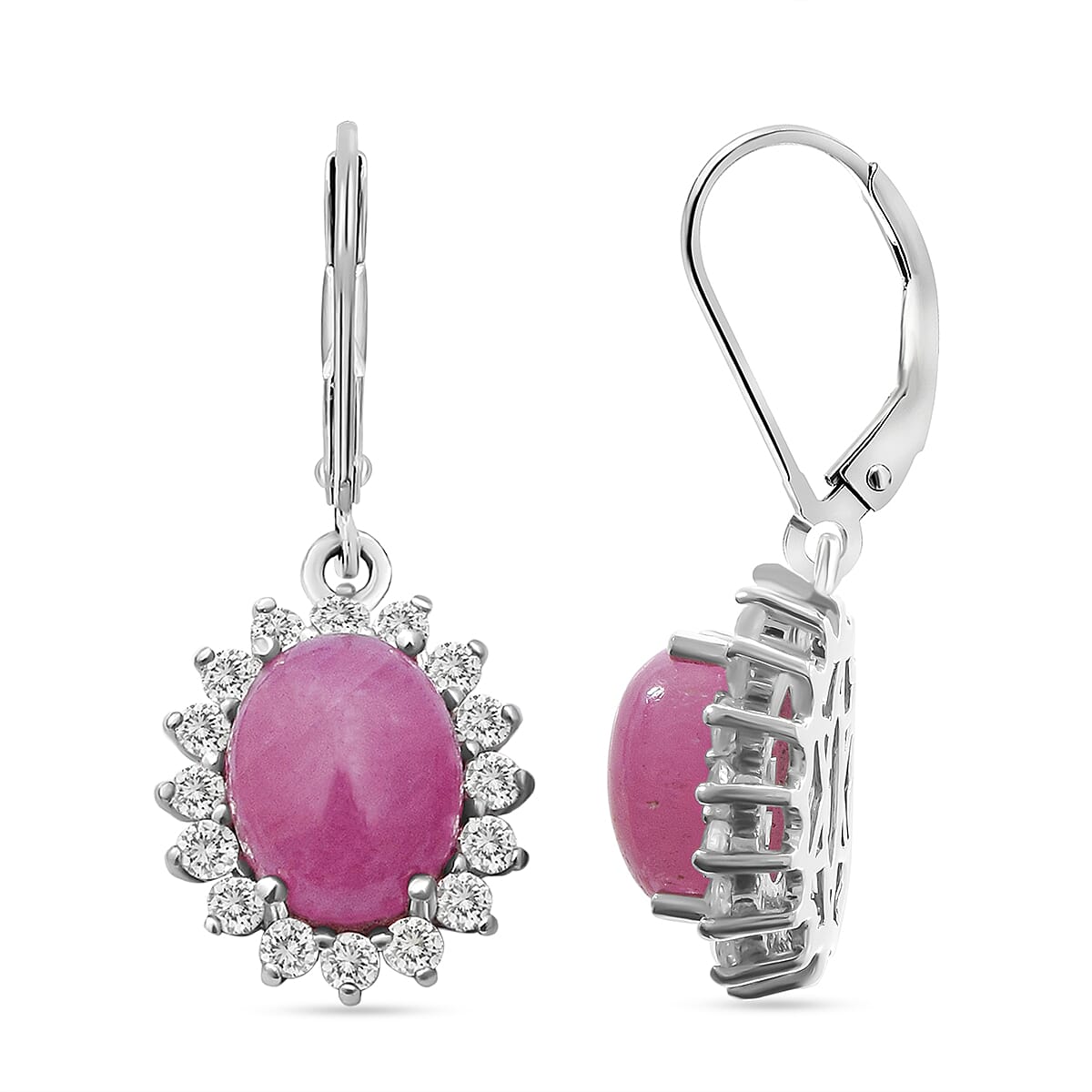 AIG Certified Natural Pink Sapphire and Natural Zircon Halo Earrings in Rhodium Overlay Sterling Silver 9.69 Ct.