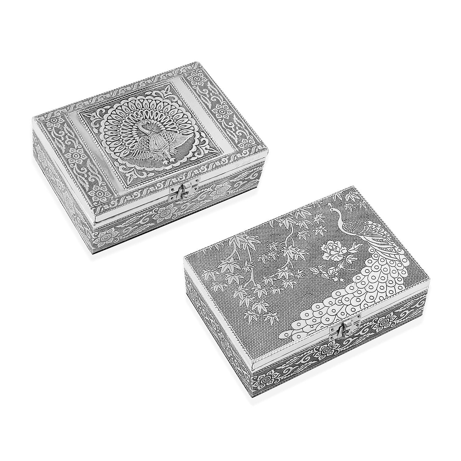Set of 2 - Peacock Embossed Aluminium Storage Box (Size 20x13x7 Cm & 16x10x5 Cm)