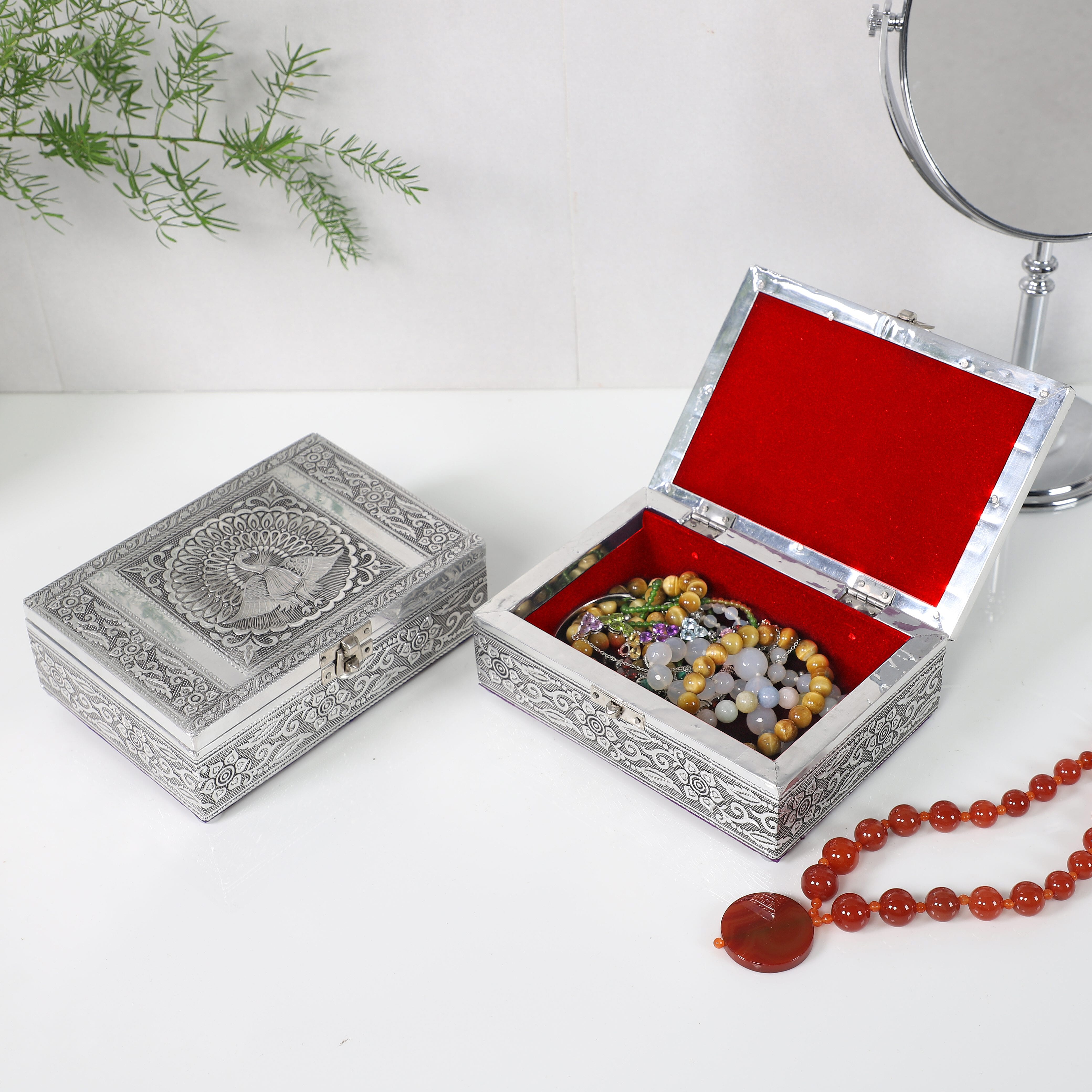 Set of 2 - Peacock Embossed Aluminium Storage Box (Size 20x13x7 Cm & 16x10x5 Cm)