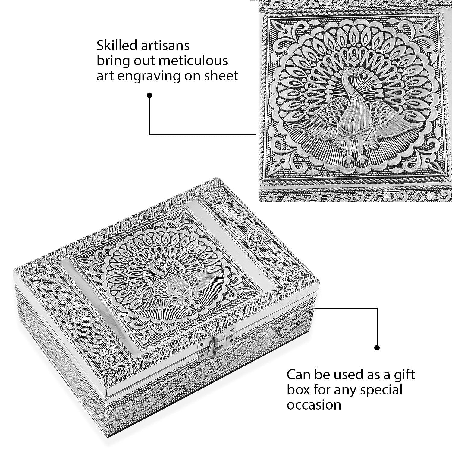 Set of 2 - Peacock Embossed Aluminium Storage Box (Size 20x13x7 Cm & 16x10x5 Cm)