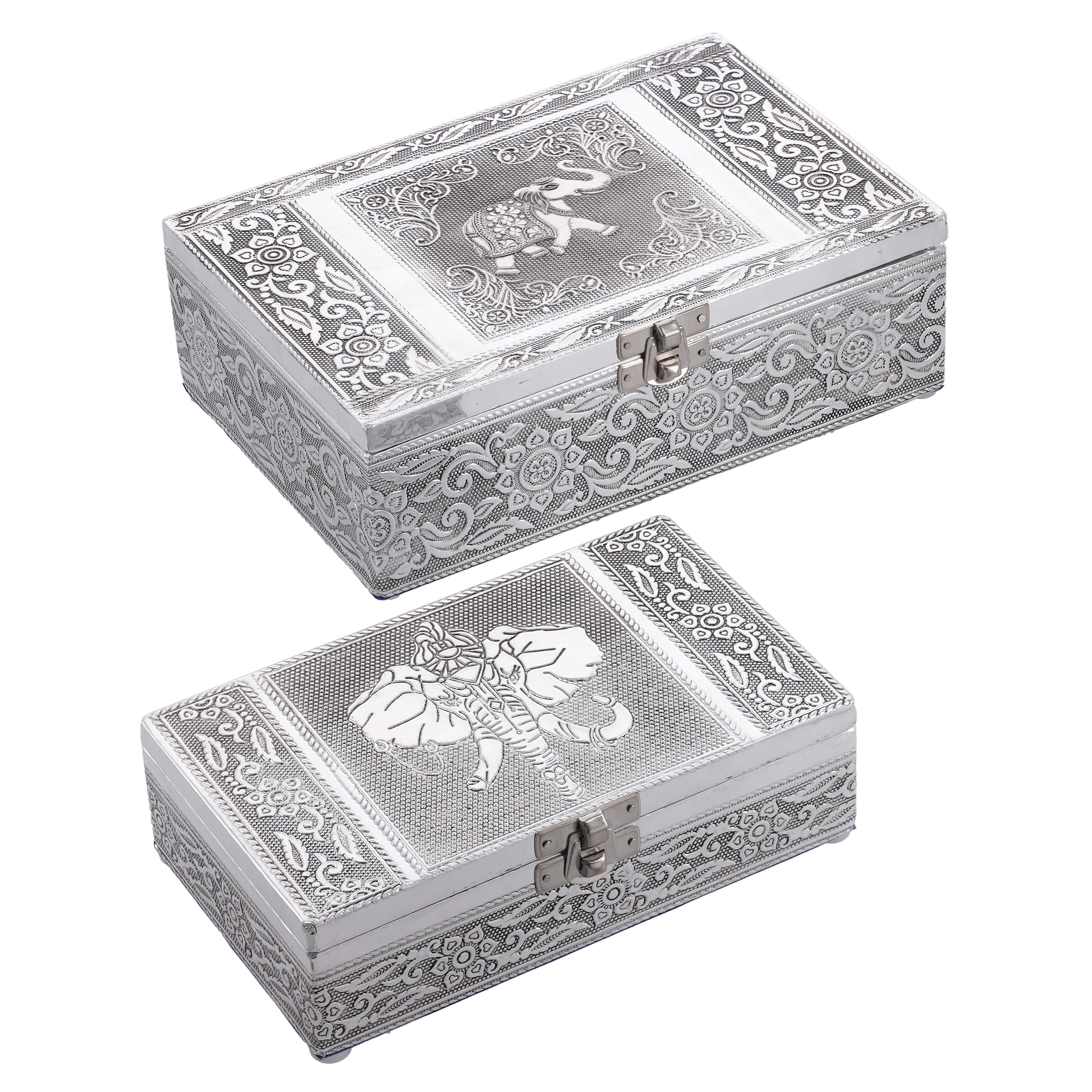 Set of 2 - Elephant Embossed Aluminium Storage Box (Size 20x13x7 Cm & 16x10x5 Cm)