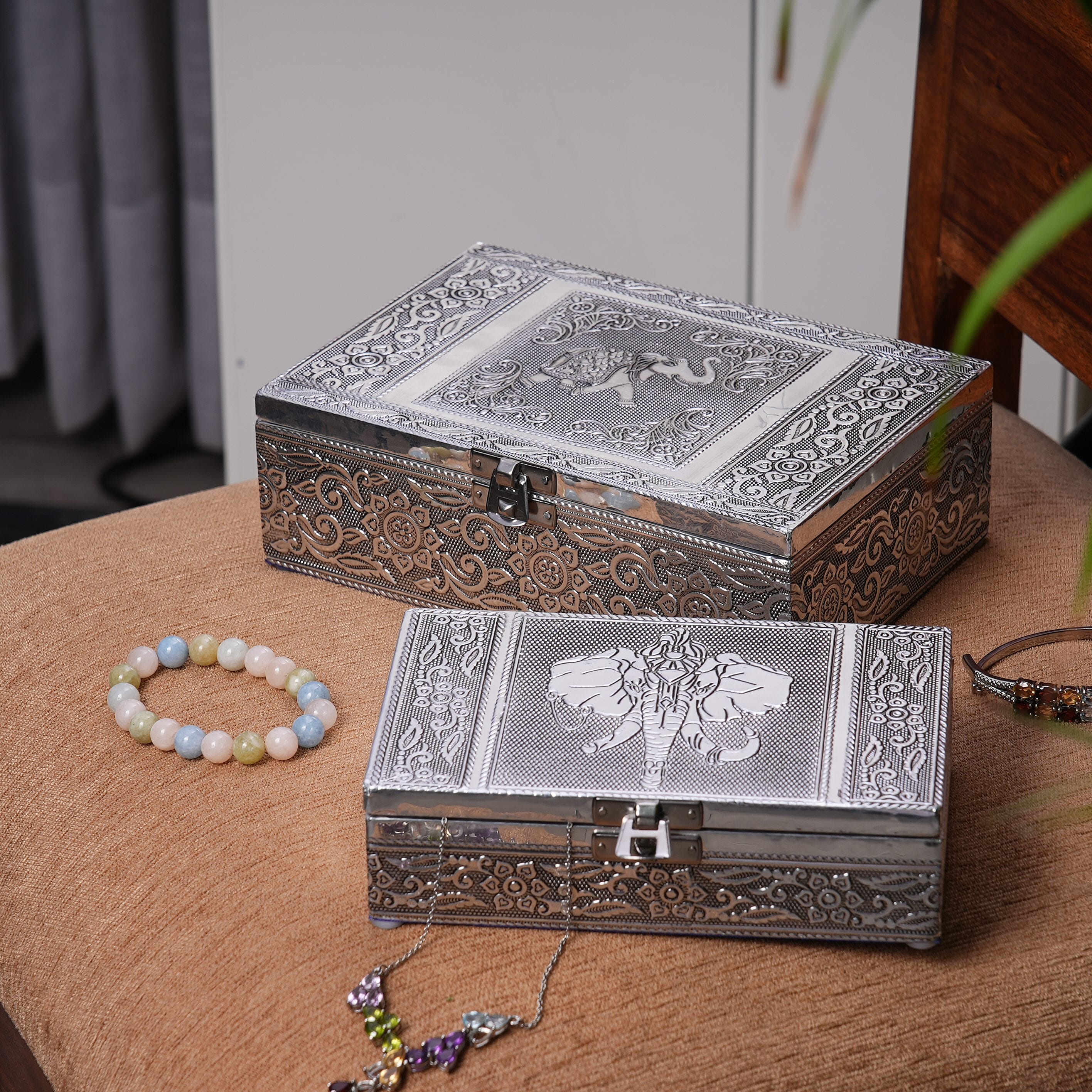 Set of 2 - Elephant Embossed Aluminium Storage Box (Size 20x13x7 Cm & 16x10x5 Cm)