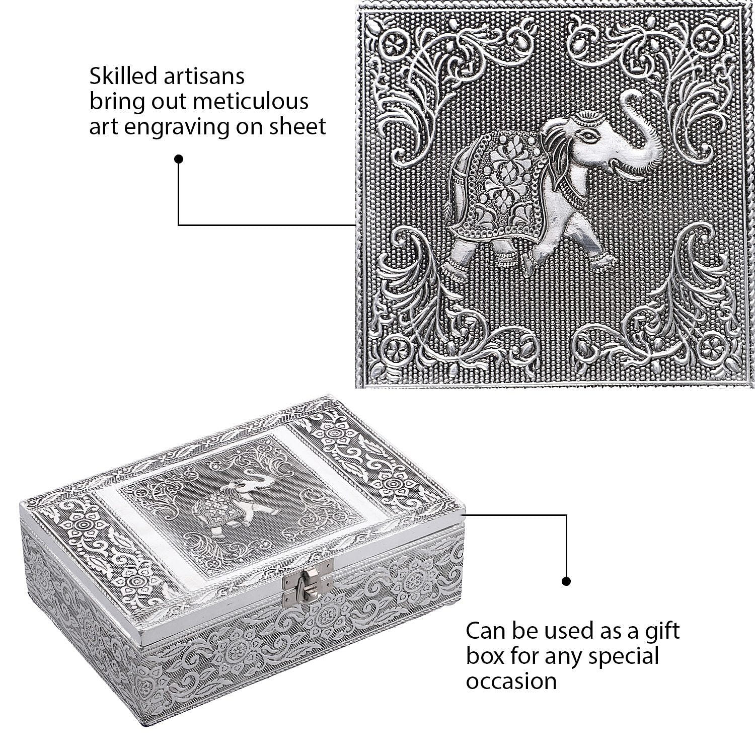 Set of 2 - Elephant Embossed Aluminium Storage Box (Size 20x13x7 Cm & 16x10x5 Cm)