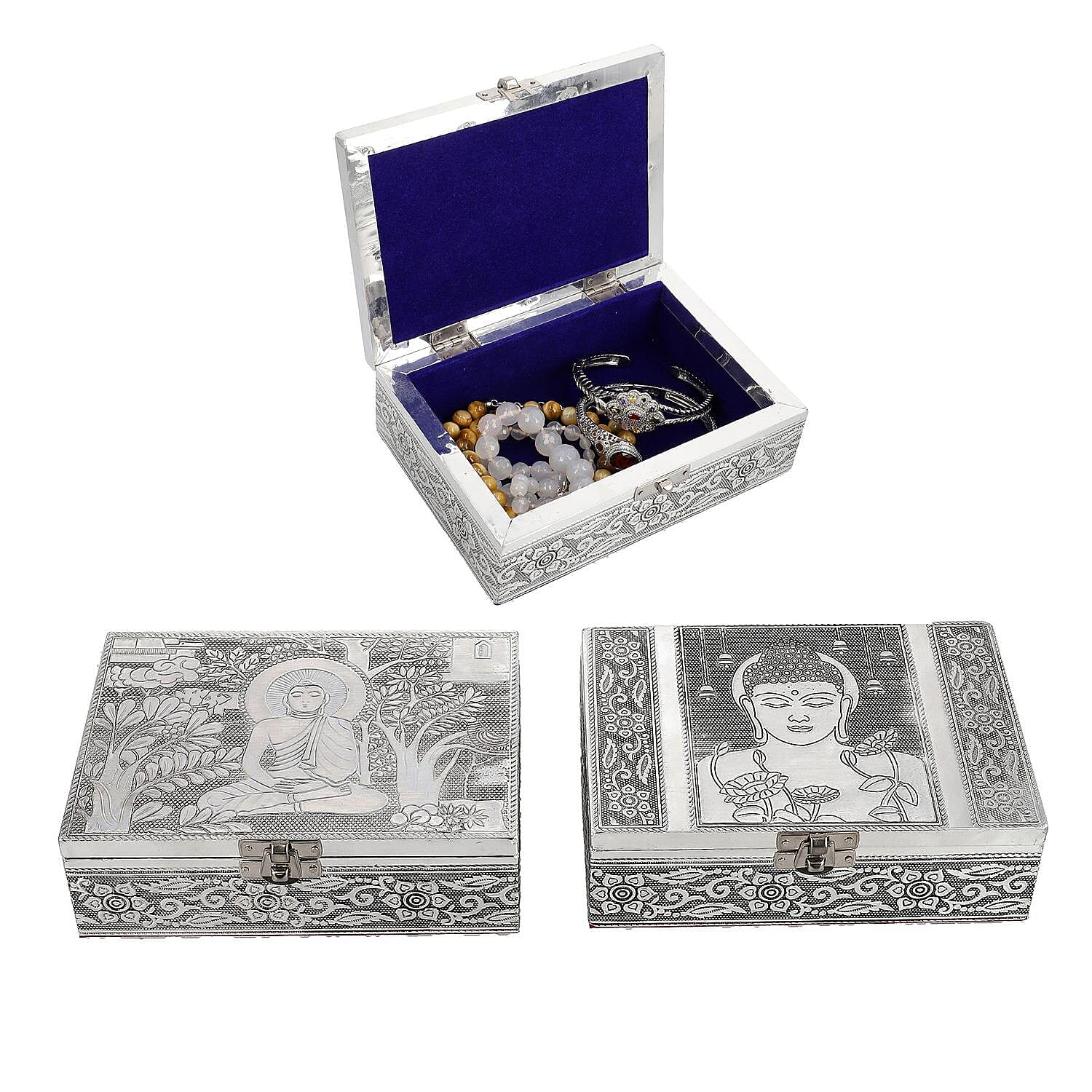 Set of 2 - Buddha Embossed Aluminium Storage Box (Size 20x13x7 Cm & 16x10x5 Cm)