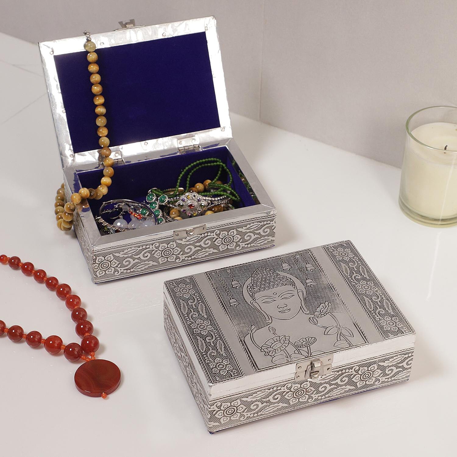 Set of 2 - Buddha Embossed Aluminium Storage Box (Size 20x13x7 Cm & 16x10x5 Cm)