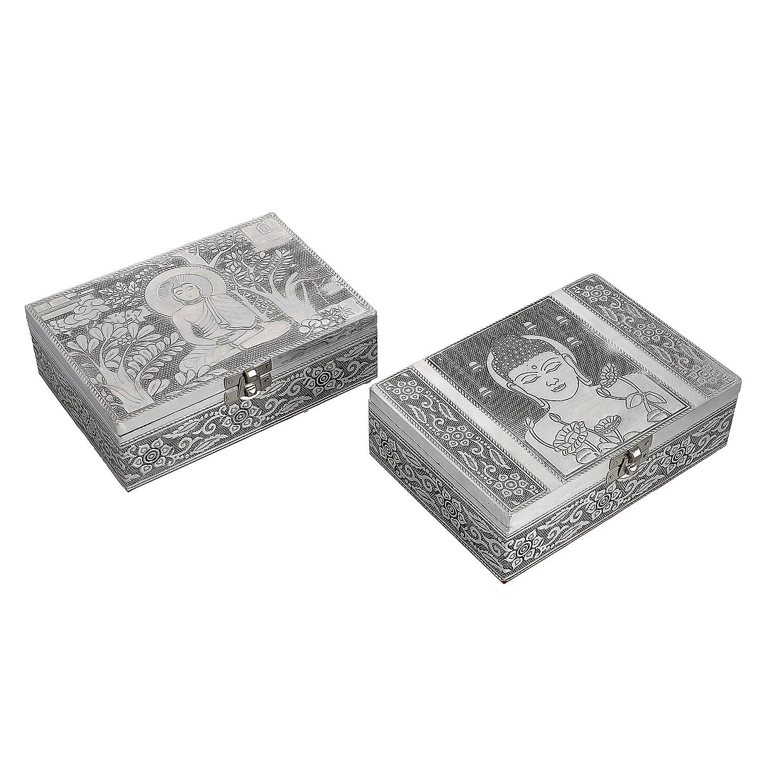 Set of 2 - Buddha Embossed Aluminium Storage Box (Size 20x13x7 Cm & 16x10x5 Cm)