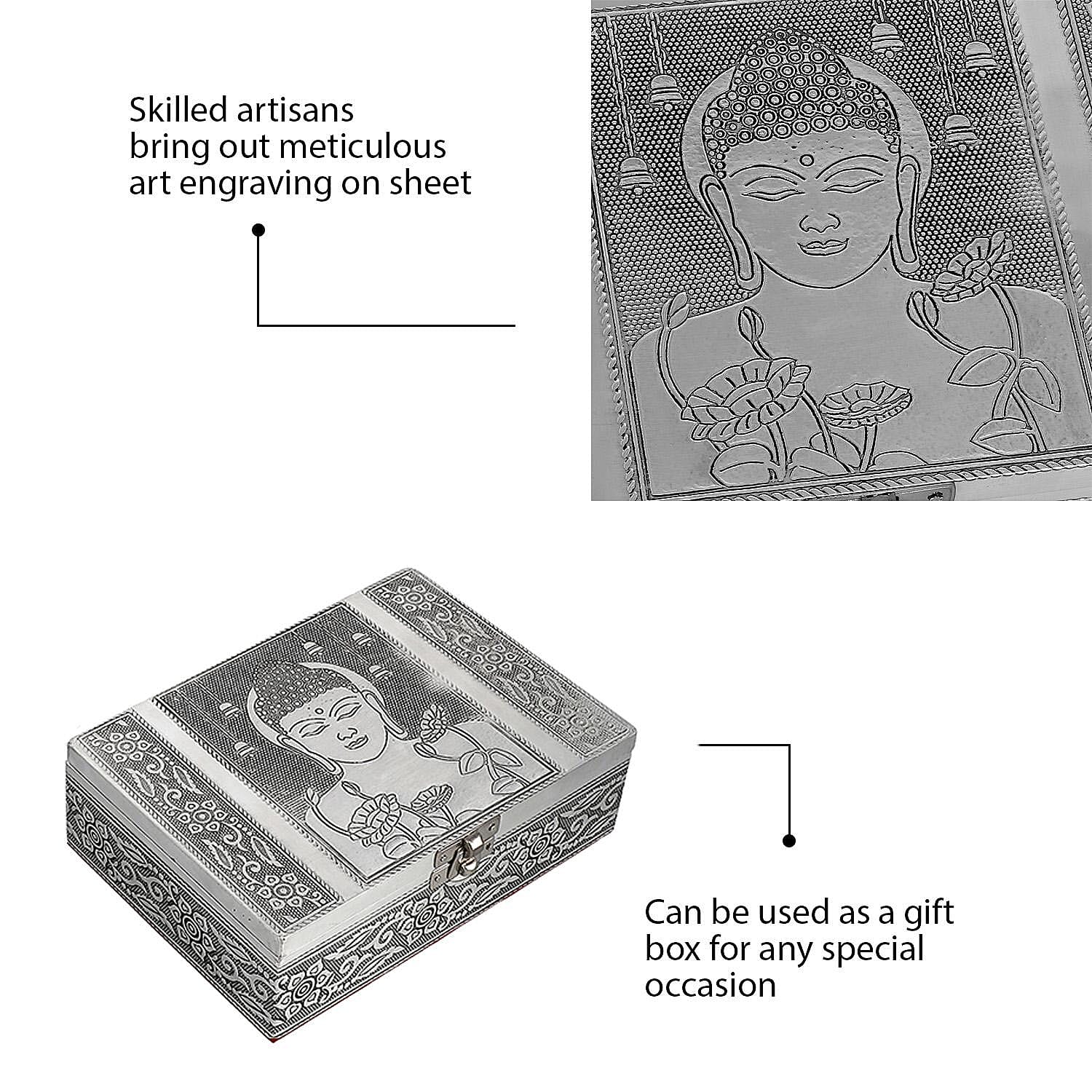 Set of 2 - Buddha Embossed Aluminium Storage Box (Size 20x13x7 Cm & 16x10x5 Cm)