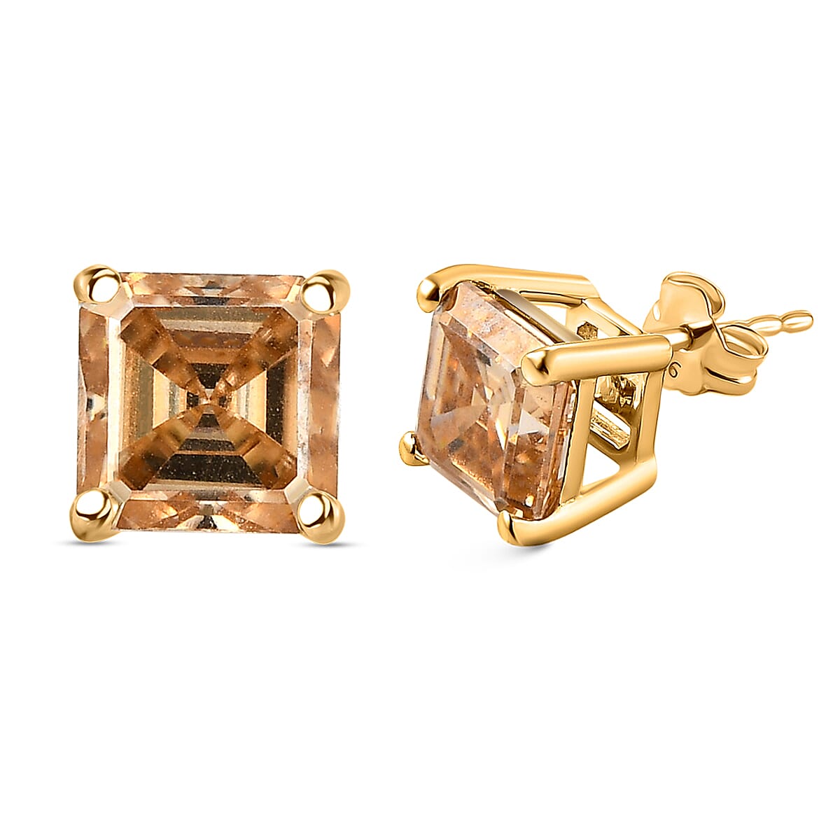 9K Yellow Gold Champagne Moissanite (Asscher Cut) Stud Earrings 2.50 Ct.