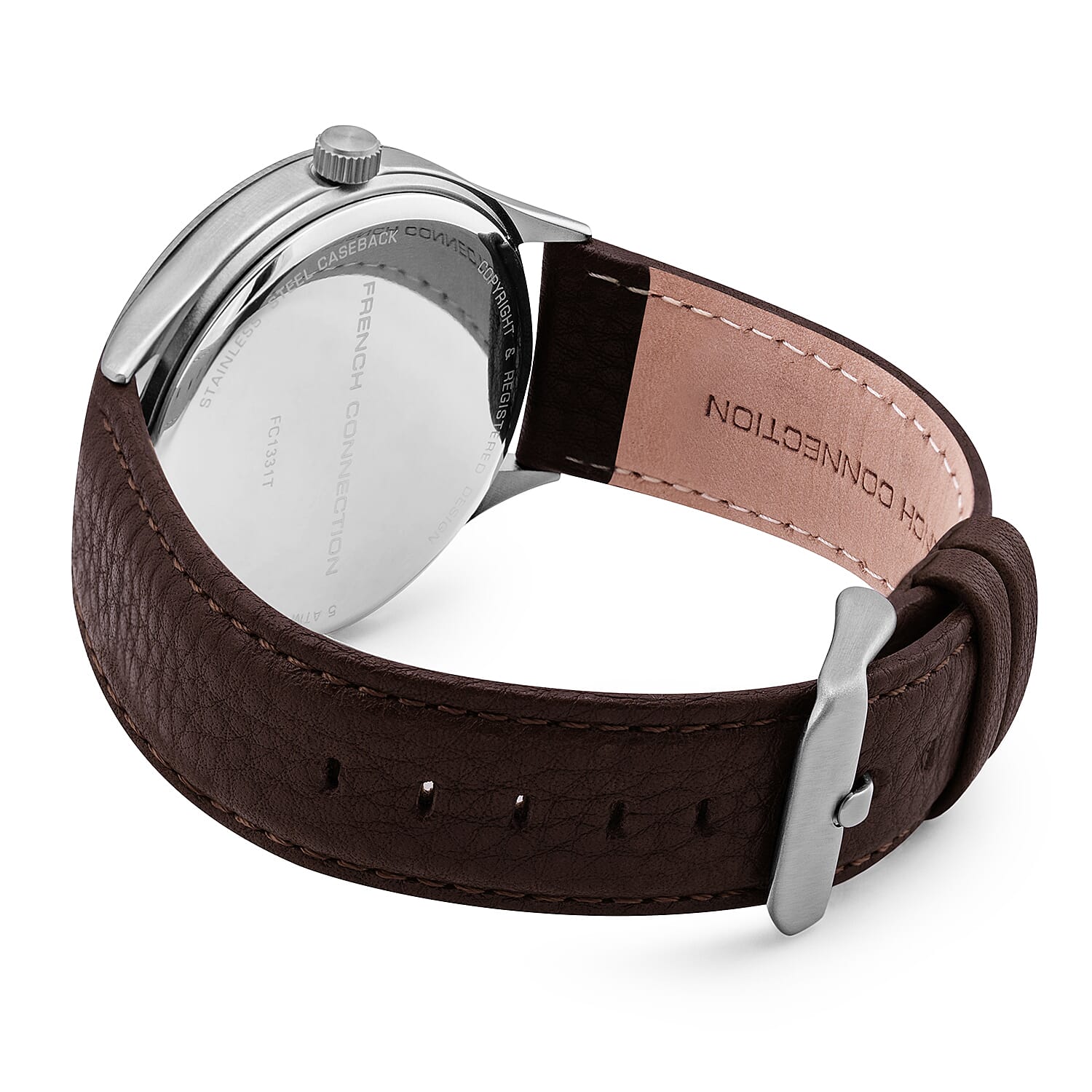 French Connection Quartz White Dial Watch with Brown Leather Strap