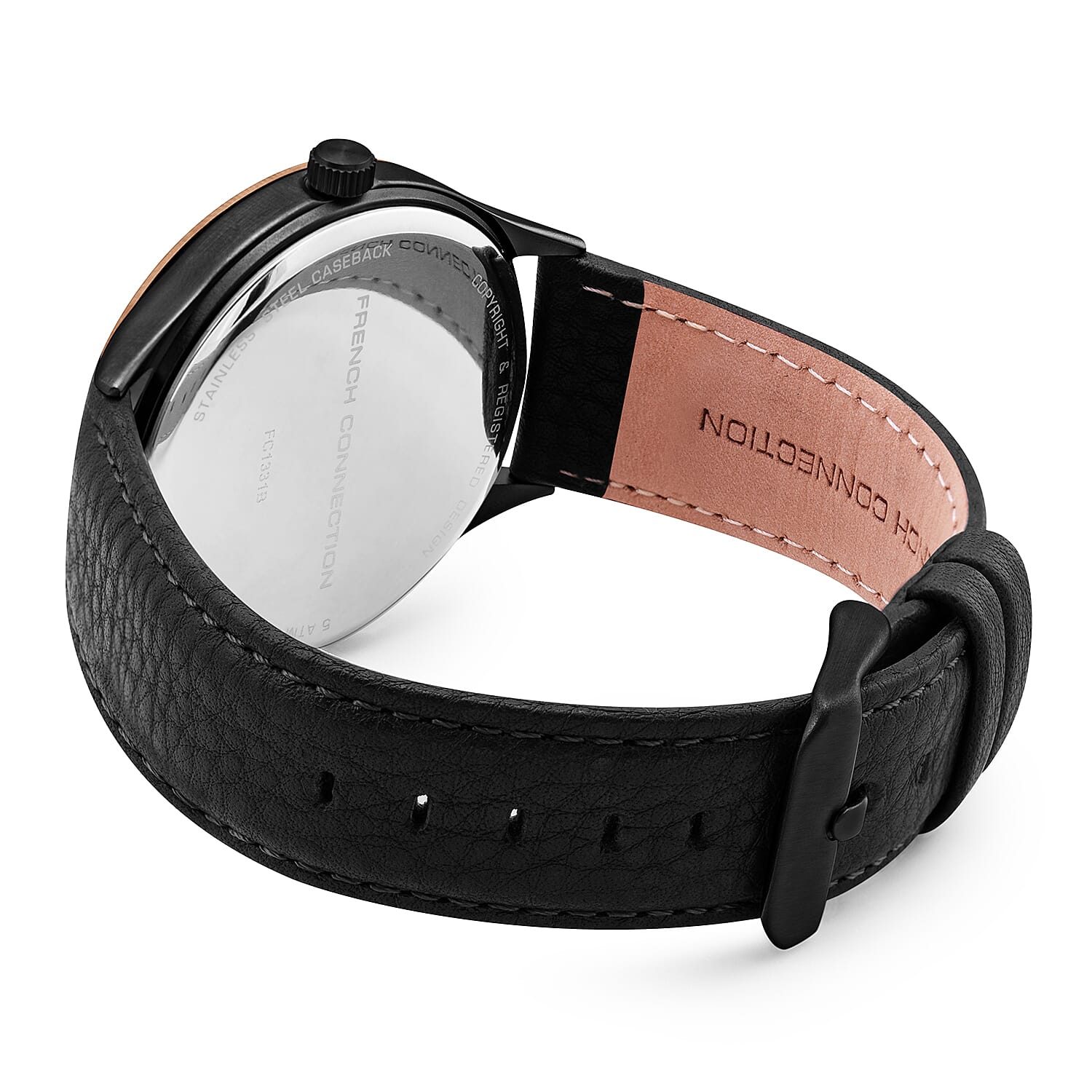 French Connection Quartz Black Dial Watch with Black Leather Strap