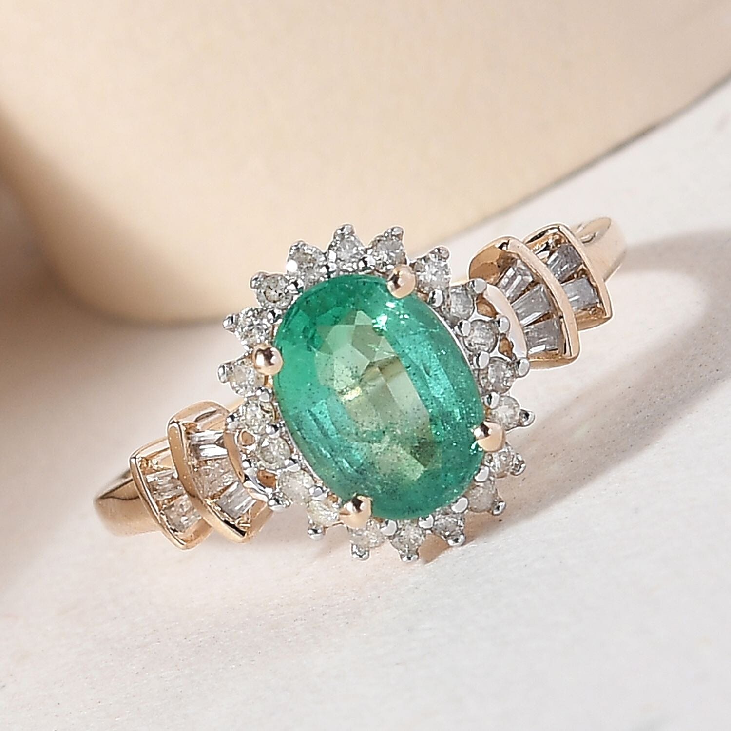 9K Yellow Gold AAA Kagem Zambian Emerald and Diamond Ring 1.40 Ct.