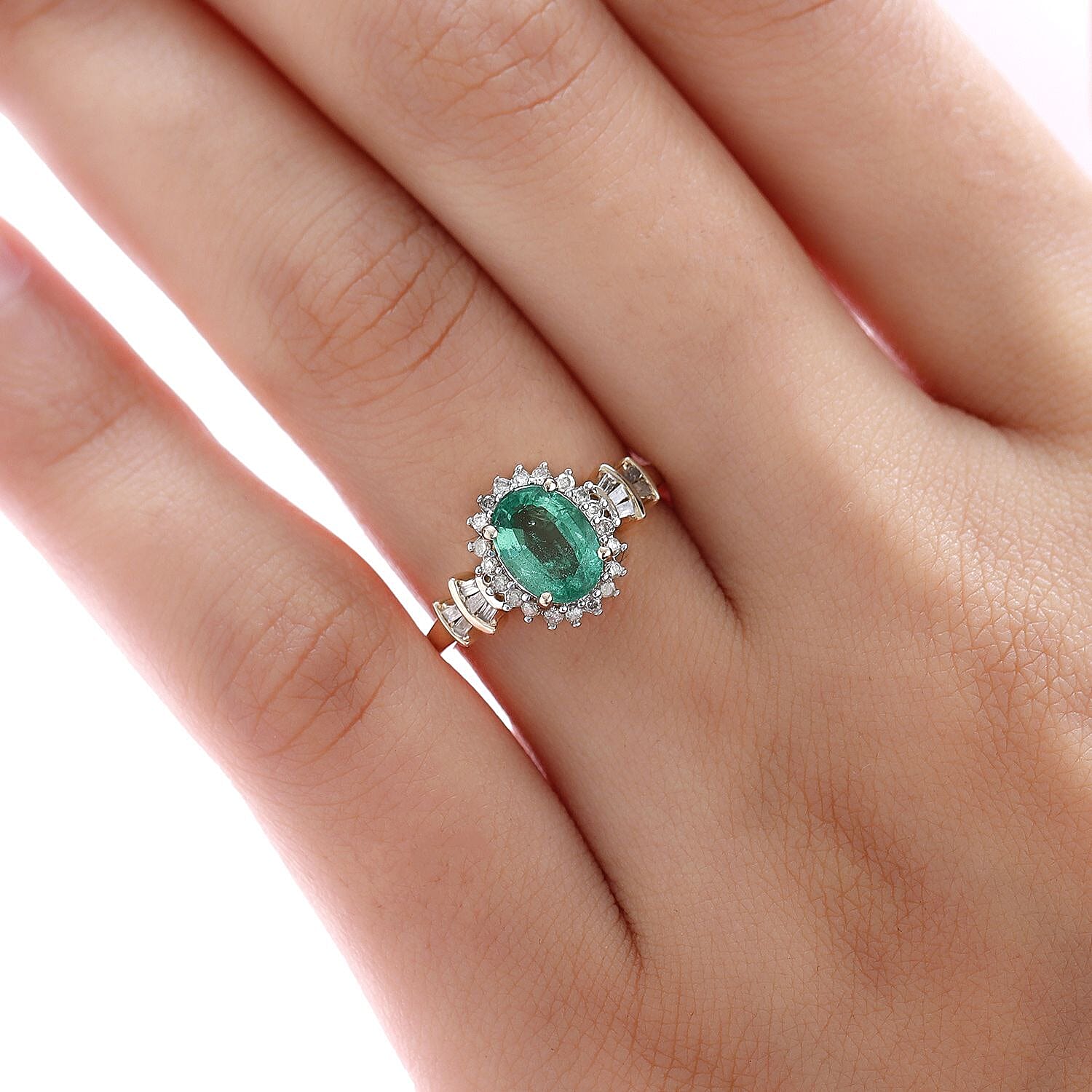 9K Yellow Gold AAA Kagem Zambian Emerald and Diamond Ring 1.40 Ct.