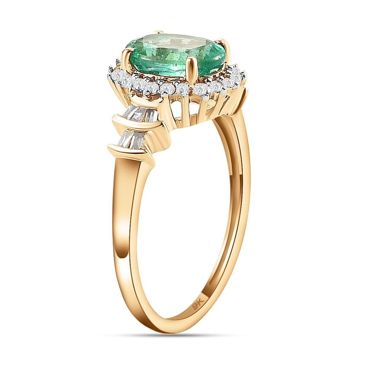 9K Yellow Gold AAA Kagem Zambian Emerald and Diamond Ring 1.40 Ct.