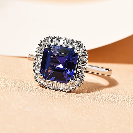 RHAPSODY 950 Platinum AAAA Tanzanite (Asscher Cut) and Diamond (VS-EF) Ring 2.77 Ct, Platinum Wt. 5.72 Gms