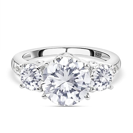Moissanite Trilogy Ring in PIatinum Overlay Sterling Silver 3.39 Ct