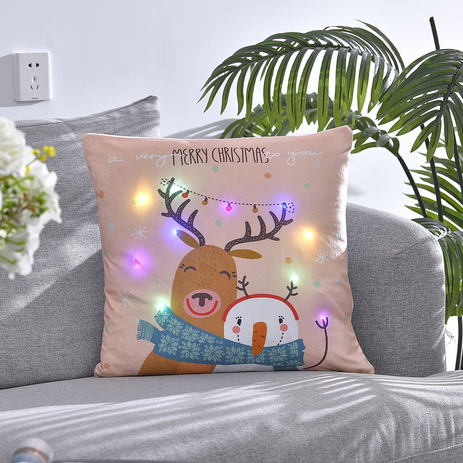 Snowman and Reindeer Printed LED Cushion (Size 45 Cm) - Multi
