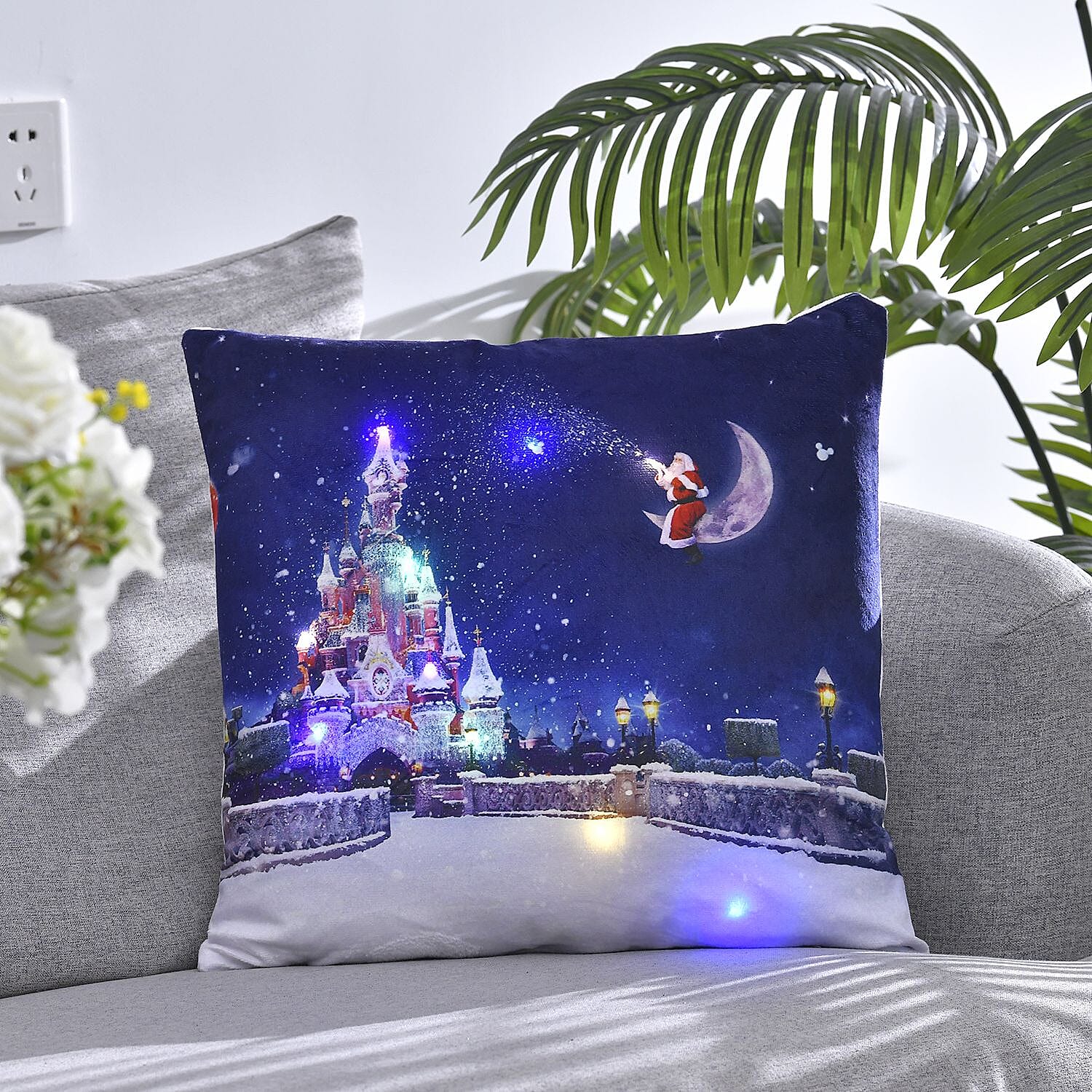 Santa Claus Overlooking a Snowy Castle Printed LED Cushion Cover (Size 45 Cm) - Multi