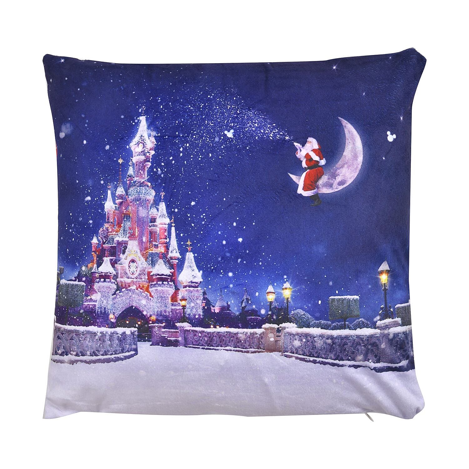 Santa Claus Overlooking a Snowy Castle Printed LED Cushion Cover (Size 45 Cm) - Multi