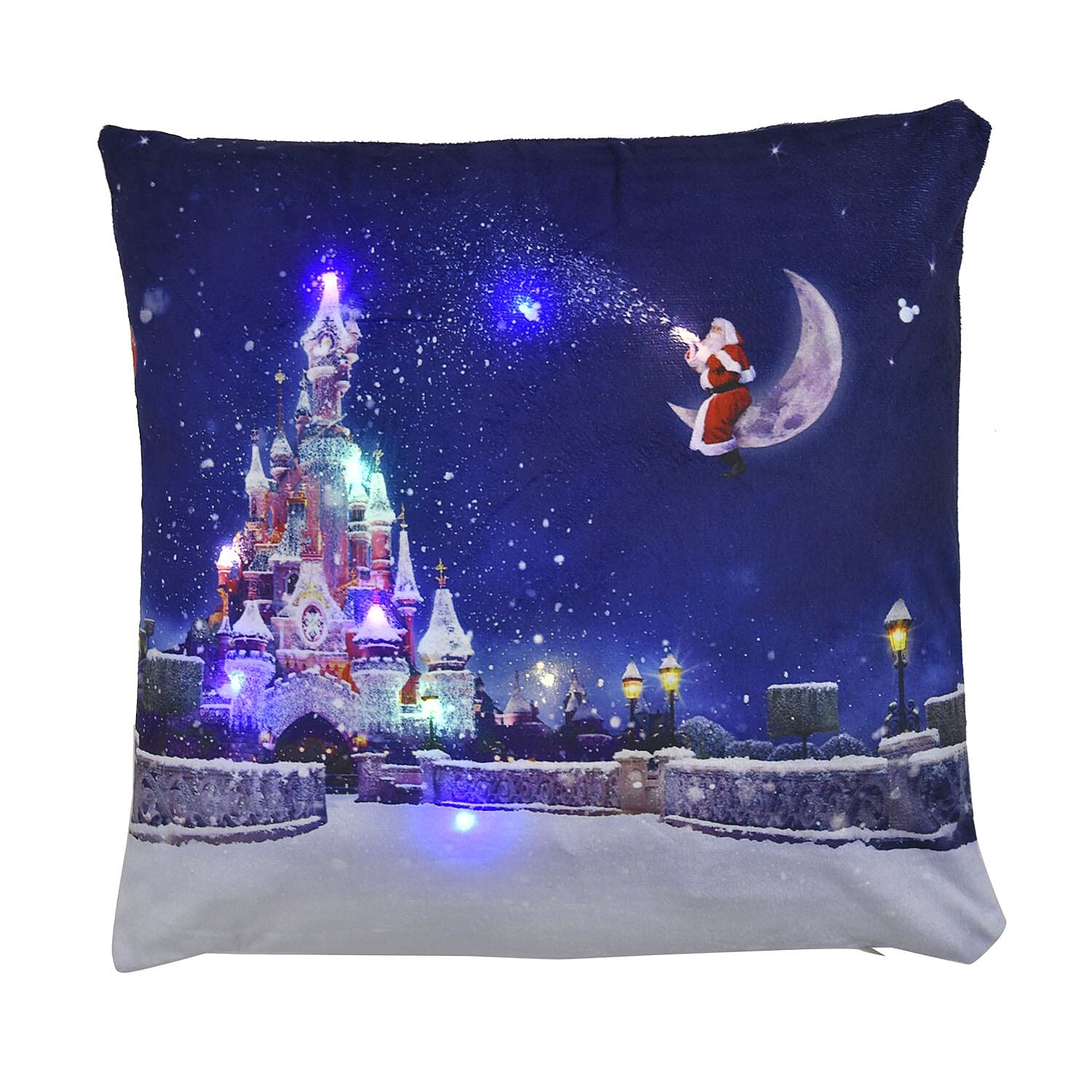 Santa Claus Overlooking a Snowy Castle Printed LED Cushion Cover (Size 45 Cm) - Multi