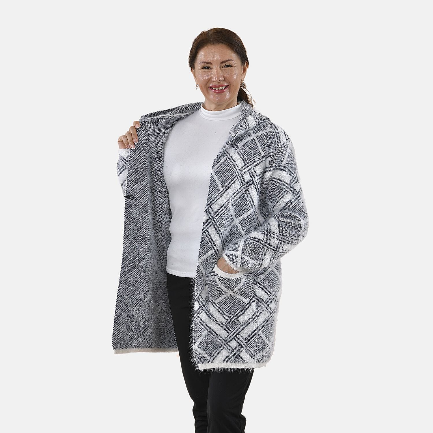 TAMSY Square Pattern Hooded Eyelash Coatigans - One Size (8-20) - Grey